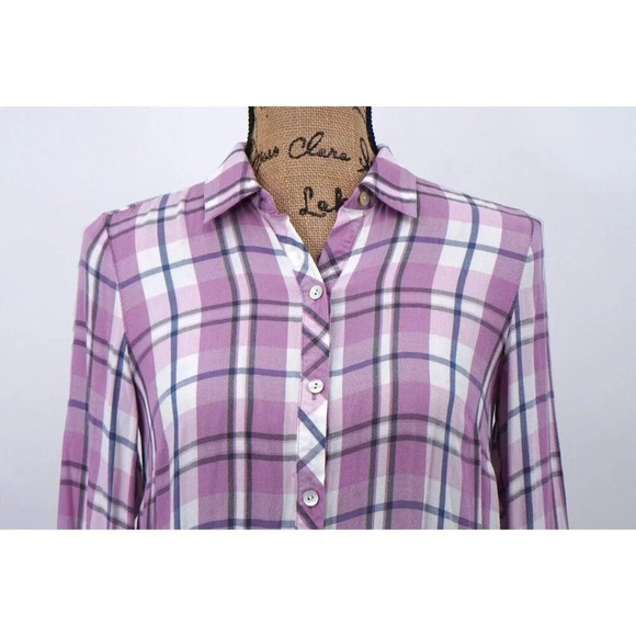 J. Jill Top Women Extra Small Plaid Lavender Ruffle Hem Button Up Blouse Shirt - Picture 4 of 10